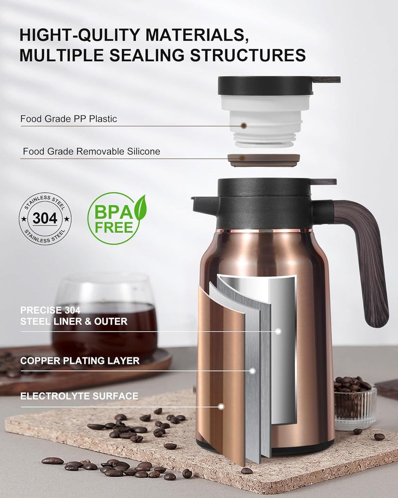 Dumfoin Carafes for Hot Liquids 51 oz - 12 Hour Stainless Steel Thermal Coffee Carafe-Insulated Coffee Carafes For Keeping Hot/Cold Coffee, Tea, Water, 1.5 Liter Beverage Dispenser(2 Gold) - Image 3